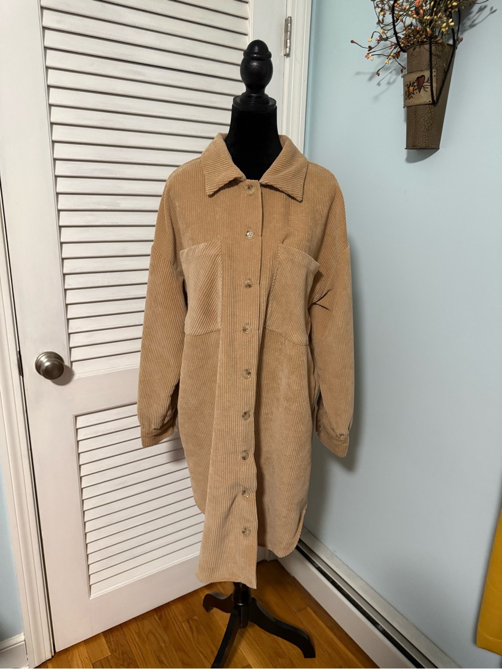 Easel Beige Corduroy Button-Front Long Dress/Jacket! Women’s Small. NWOT